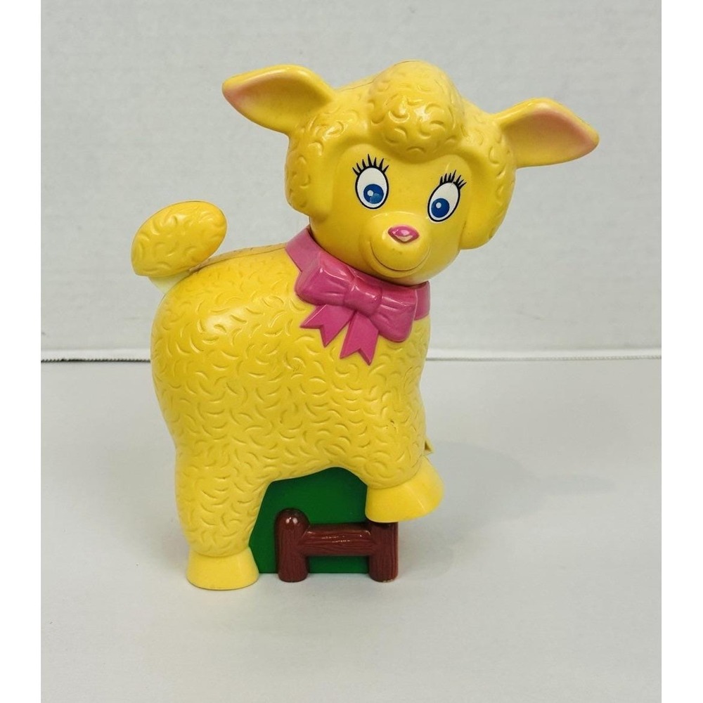 Vintage 1982 Meritus Wind Up Musical Toy Lamb Baby Crib Crawler Yellow Pink Bow